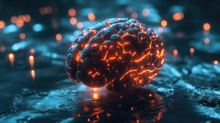 A conceptual image of a 3D brain with glowing nodes and connections, representing the generation and exchange of innovative ideas and complex concepts.の素材