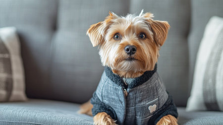 A cute dog in a stylish outfit sitting on a comfortable couch, with its head tilted and eyes looking up, creating a charming and endearing scene.の素材