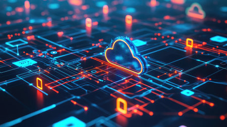 A conceptual image of multiple devices communicating wirelessly through the cloud, with glowing icons of signals and data sharing overlaid on a tech-inspired backgroundの素材