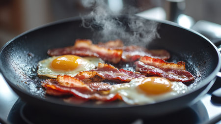 A detailed close-up of a frying pan with crispy bacon and eggs cooking, with a focus on the sizzling and sizzling textures against a clean kitchen counterの素材