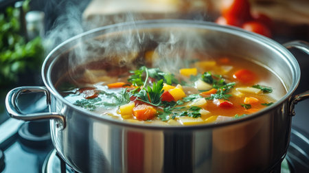 A detailed shot of a steaming pot of soup with fresh herbs and vegetables, showcasing the rich colors and textures of the cooking process in a well-lit kitchenの素材