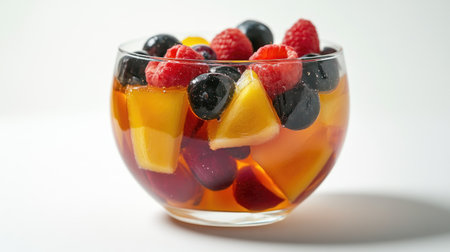 A detailed close-up of a jelly dessert with fresh fruit pieces inside, set in a clear glass bowl against a clean white background, highlighting its vibrant colors.の素材