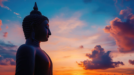 A dramatic silhouette of a Buddha statue against a vibrant sunset sky, creating a serene and peaceful atmosphere.の素材