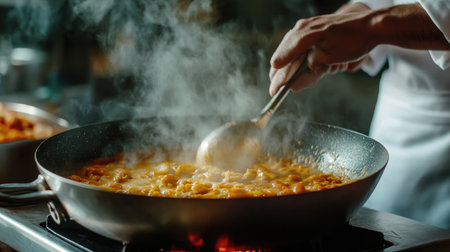 A dynamic image of a chef stirring a hot, aromatic curry in a deep pan, with steam escaping and spices visibly blending into the dish.の素材