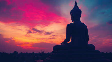 A dramatic silhouette of a Buddha statue against a vibrant sunset sky, creating a serene and peaceful atmosphere.の素材
