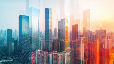 A dynamic image of a modern city skyline with a mix of sleek skyscrapers and historic buildings, highlighting the contrast between new and old architectureの素材