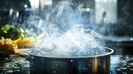 A dynamic image of a pot with boiling water, with steam swirling around and kitchen ingredients like pasta or vegetables ready to be added.の素材