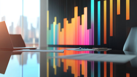 A dynamic 3D bar chart with colorful bars growing upward, floating above a sleek conference table, with business documents and a laptop nearby.の素材