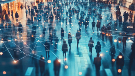 A dynamic image of people in different locations connected by digital lines and nodes, symbolizing a global digital network that enables real-time communication and collaboration.の素材