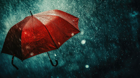 A dramatic image of an umbrella being opened in strong wind, with the motion of the umbrella and the surrounding rain creating a dynamic, energetic scene.の素材