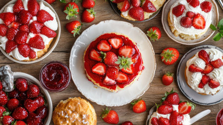 A flat lay of various strawberry-based desserts and treats, including strawberry shortcake, strawberry jam, and fresh strawberries, on a wooden table.の素材