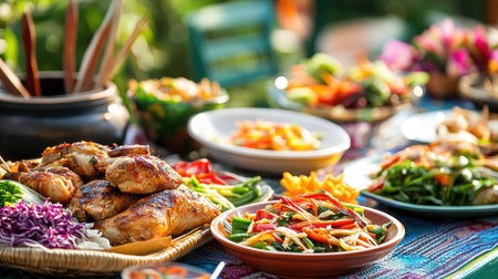 A festive outdoor dining setup with plates of som tam and grilled chicken, accompanied by traditional Thai side dishes, showcasing a lively and colorful meal.の素材