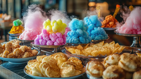 A festive setting with a variety of roti topped with cotton candy in different colors, arranged neatly on a table for a fun and vibrant dessert display.の素材