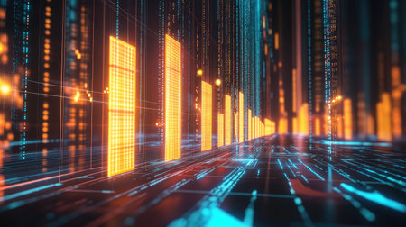 A futuristic 3D bar chart with glowing, transparent bars representing financial data, rising from a digital grid, showing trends and analytics in a high-tech environment.の素材