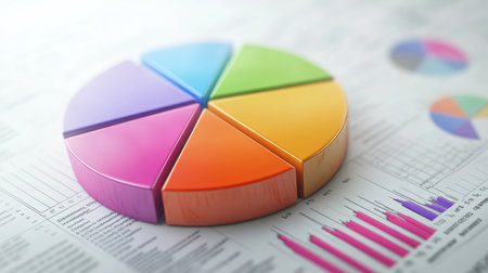 A financial report with a colorful pie chart illustrating market share distribution, with highlighted segments and percentages, set against a clean, white backgroundの素材