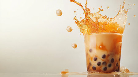 A dynamic shot of a cup of bubble tea with a splash of tea and pearls, showcasing the drink texture and layers with a bright, white background.の素材