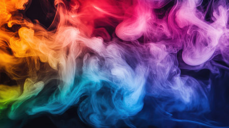 A dynamic scene of rainbow-colored smoke trails, creating a vivid and playful atmosphere, with the colors blending and flowing in fluid motion.の素材