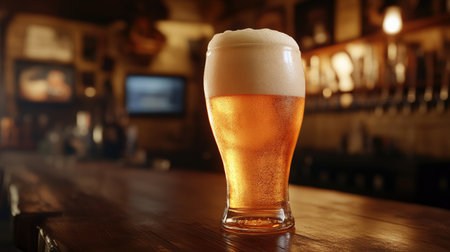 A frosty glass of beer with a thick, creamy foam head, set on a wooden table with a cozy pub background, highlighting its refreshing appeal.の素材
