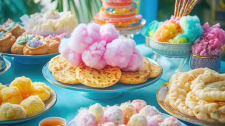 A festive setting with a variety of roti topped with cotton candy in different colors, arranged neatly on a table for a fun and vibrant dessert display.の素材