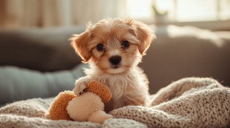 A fluffy, small puppy with big, expressive eyes playfully chewing on a toy, sitting on a cozy blanket in a sunlit room.の素材
