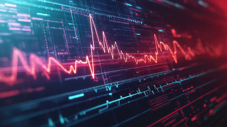 A graphic representation of a heart rate waveform on a computer screen, demonstrating the analysis of heart rhythms in a medical context.の素材