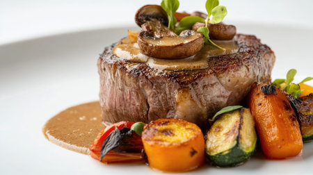 A gourmet steak dish with a white background, showcasing a steak topped with a delicate mushroom sauce and accompanied by roasted vegetables.の素材