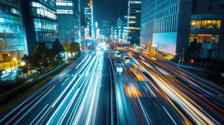 A high-angle view of a modern city street at night, with light trails from moving cars and illuminated skyscrapers creating a dynamic, urban atmosphereの素材