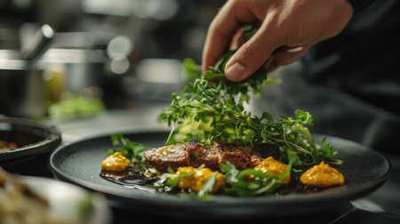 A high-definition image of a meal being garnished with fresh herbs and spices before serving, highlighting the final touches that elevate the dish presentation.の素材