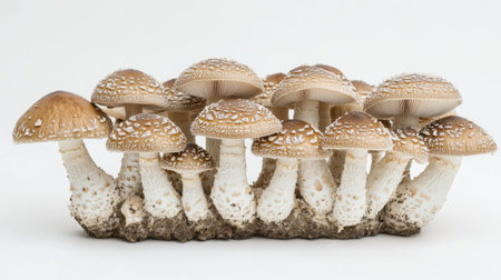 A group of Eringi mushrooms placed artistically on a white background, highlighting their unique texture and shape with soft, diffused lighting.の素材