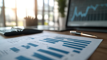A high-definition image of a financial report with stacked bar graphs and trend lines, laid out on a modern desk with a digital calculator and pen.の素材
