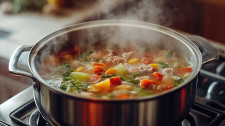 A high-angle shot of a bubbling pot of soup on the stove, with colorful vegetables and meat visible through the steam, creating a comforting cooking scene.の素材