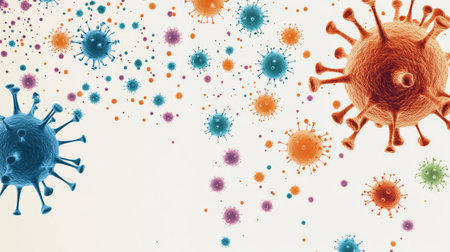 A graphic representation of a virus infection process, showing how viruses enter and affect cells, set against a neutral background for educational purposes.の素材