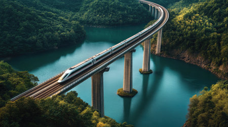 A high-speed train traveling across a long, elevated bridge over a river, with the bridge elegant curves mirrored in the water below, showcasing engineering prowess.の素材
