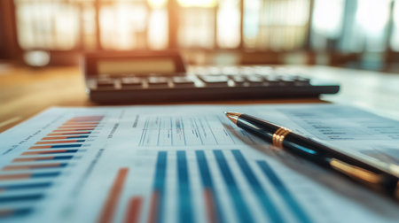 A high-definition image of a financial report with stacked bar graphs and trend lines, laid out on a modern desk with a digital calculator and pen.の素材