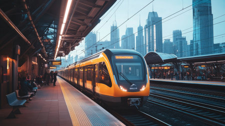 A modern electric train pulling into a bustling city station during rush hour, with passengers waiting on the platform and the city's skyline visible in the background.の素材