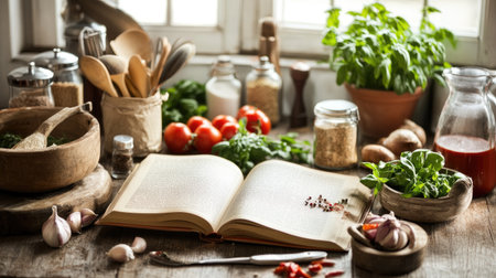 A kitchen counter filled with ingredients and cooking tools, with a focus on a recipe book open to a page, illustrating the process of following a recipe.の素材