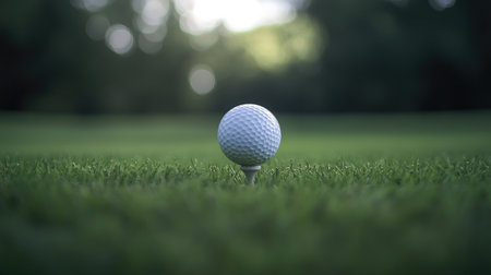 A minimalist image of a single golf ball on a tee, with a blurred background of a golf course, highlighting the ball clean, pristine condition.の素材