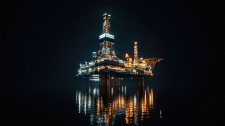 A night-time image of an offshore drilling rig lit up with bright lights, with reflections on the dark water and the rig structure creating a striking contrast.の素材