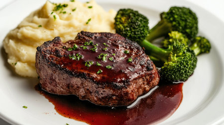 A plate of succulent steak with a rich red wine reduction sauce, paired with buttery mashed potatoes and a side of steamed broccoli, presented against a white backdrop.の素材