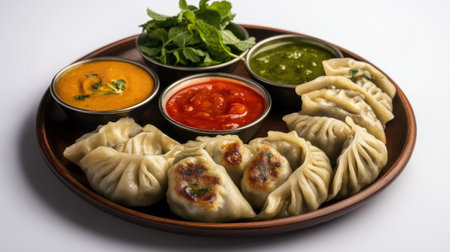 A plate of delicious momos with a variety of sauces for dipping, including mint chutney and spicy sauce, arranged neatly on a white background to showcase their flavors.の素材