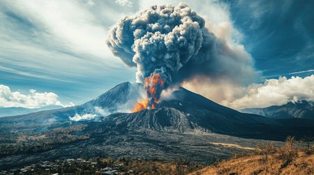 A panoramic view of a volcanic eruption with a massive ash cloud and flowing lava, capturing the scale and impact of the natural disaster.の素材