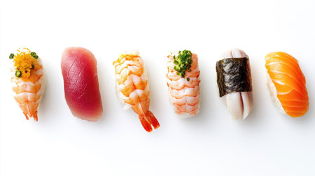 A row of five different sushi nigiri, including shrimp, tuna, salmon, eel, and tamago, set against a white background to emphasize the contrast between the ingredients and the backdropの素材