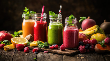 A rustic wooden table with a selection of homemade fruit smoothies in glass jars, surrounded by whole fruits and natural ingredients, creating a healthy and inviting atmosphere.の素材