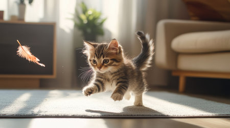 A playful kitten chasing a feather toy across a sunny living room, with its fluffy fur and excited expression capturing the joy of playtimeの素材