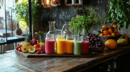 A rustic wooden table with a selection of homemade fruit smoothies in glass jars, surrounded by whole fruits and natural ingredients, creating a healthy and inviting atmosphere.の素材