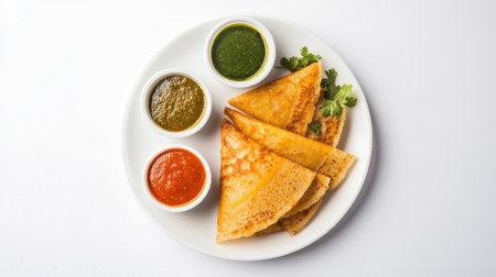 A dosa on a white plate, cut into triangles and served with a variety of dipping sauces and sambar, all set against a plain white background.の素材