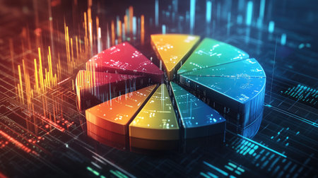 A detailed 3D pie chart with metallic slices in various colors, symbolizing data distribution in a high-tech environment, set against a futuristic digital backgroundの素材