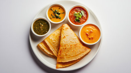 A dosa on a white plate, cut into triangles and served with a variety of dipping sauces and sambar, all set against a plain white background.の素材