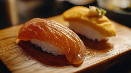 A detailed shot of a premium omakase dish featuring uni (sea urchin) and toro (fatty tuna) sushi, perfectly prepared and served on a traditional wooden sushi trayの素材