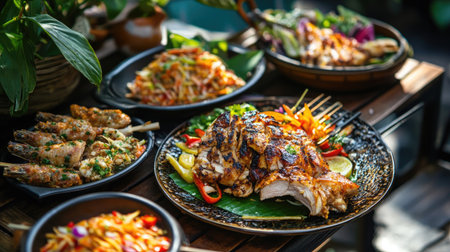 A festive outdoor dining setup with plates of som tam and grilled chicken, accompanied by traditional Thai side dishes, showcasing a lively and colorful meal.の素材